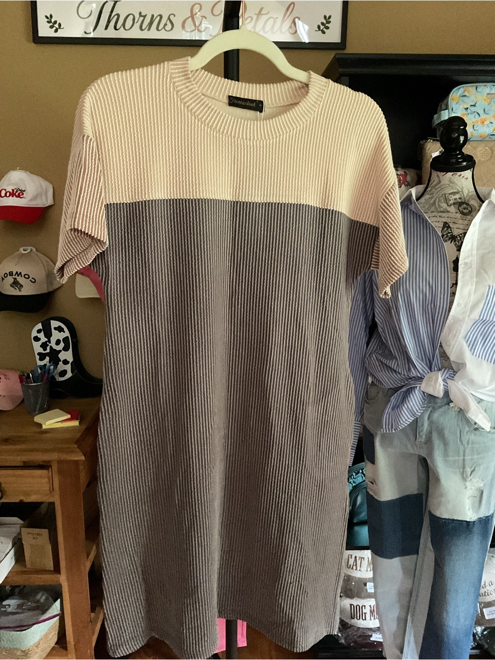 Colorblock Rib-Knit Midi Dress in Cream & Brown
